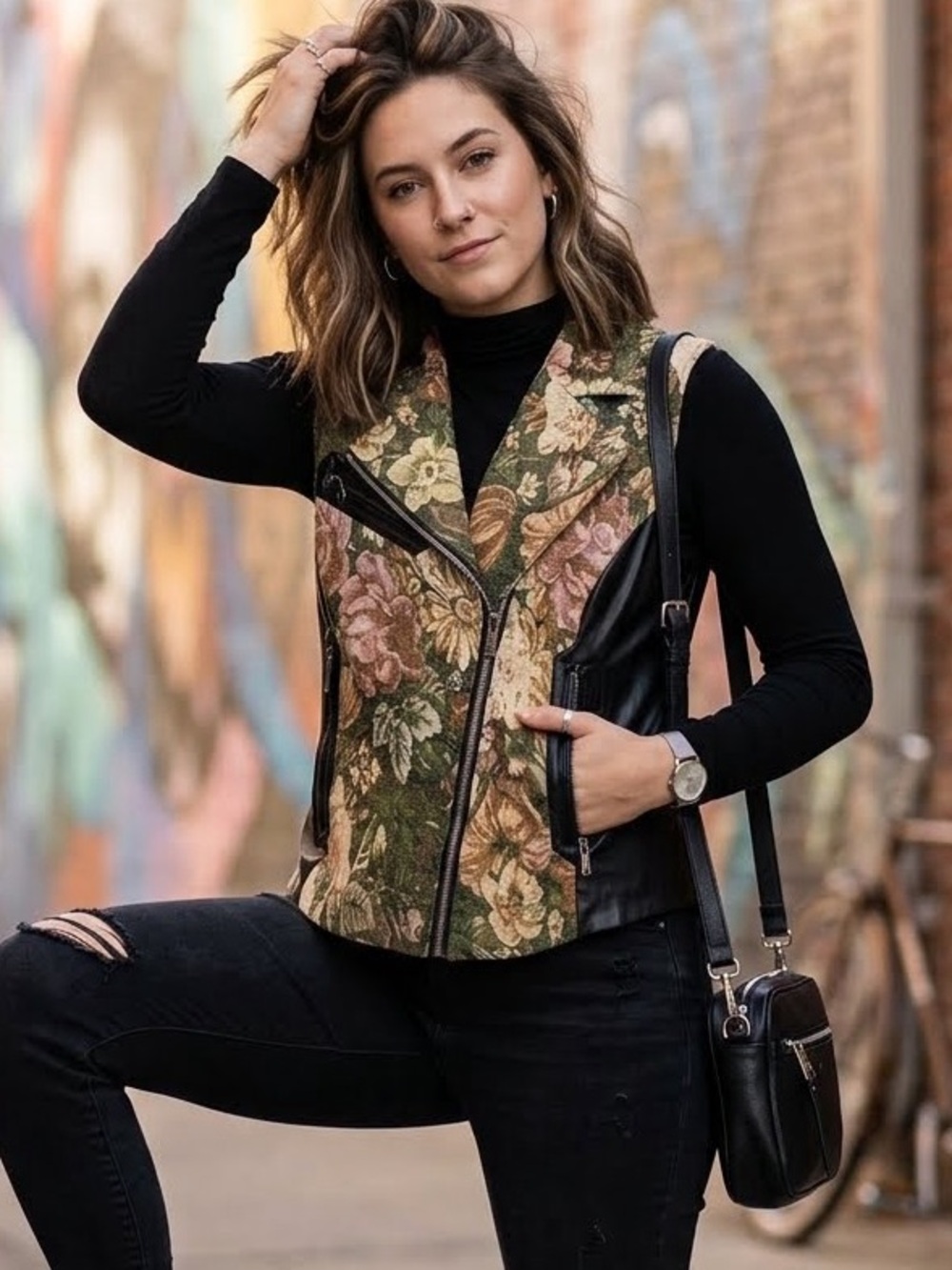Two By Vince Camuto Tapestry & Faux Leather Moto Vest Floral Size Medium